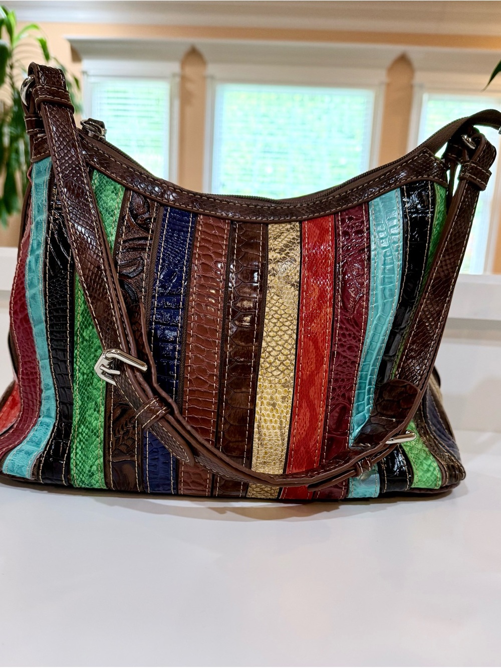 Pristine Striped Multicolor Faux Leather Shoulder Bag with Brown Trim